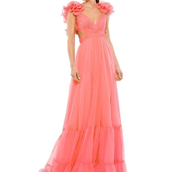 NWT Mac‎ Duggal 67911 Size 6 RUFFLE TIERED CUT-OUT CHIFFON GOWN CORAL - Picture 1 of 12
